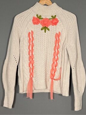 Manoush Merino Wool Cable Knit Floral Embroidered Sweater Cream Coquette Pink S